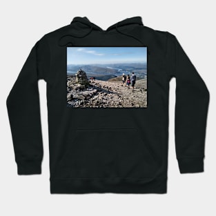 Hikers pass a navigation cairn as they descend back down Ben Nevis Hoodie